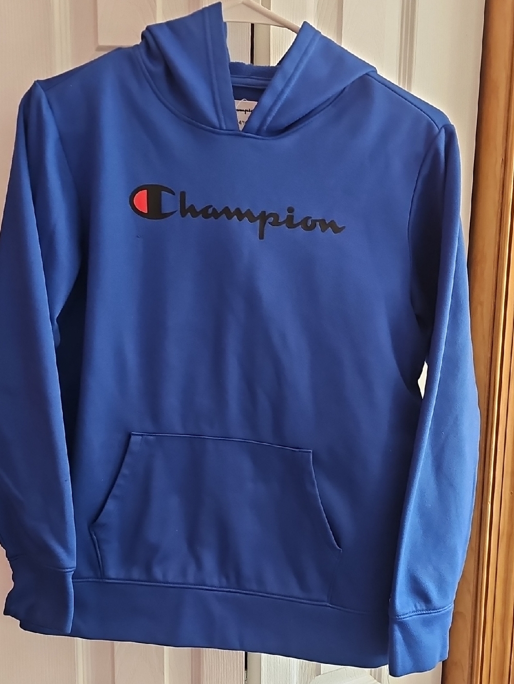 Champion Royal Blue Hoodie with Black Script and Red Accent